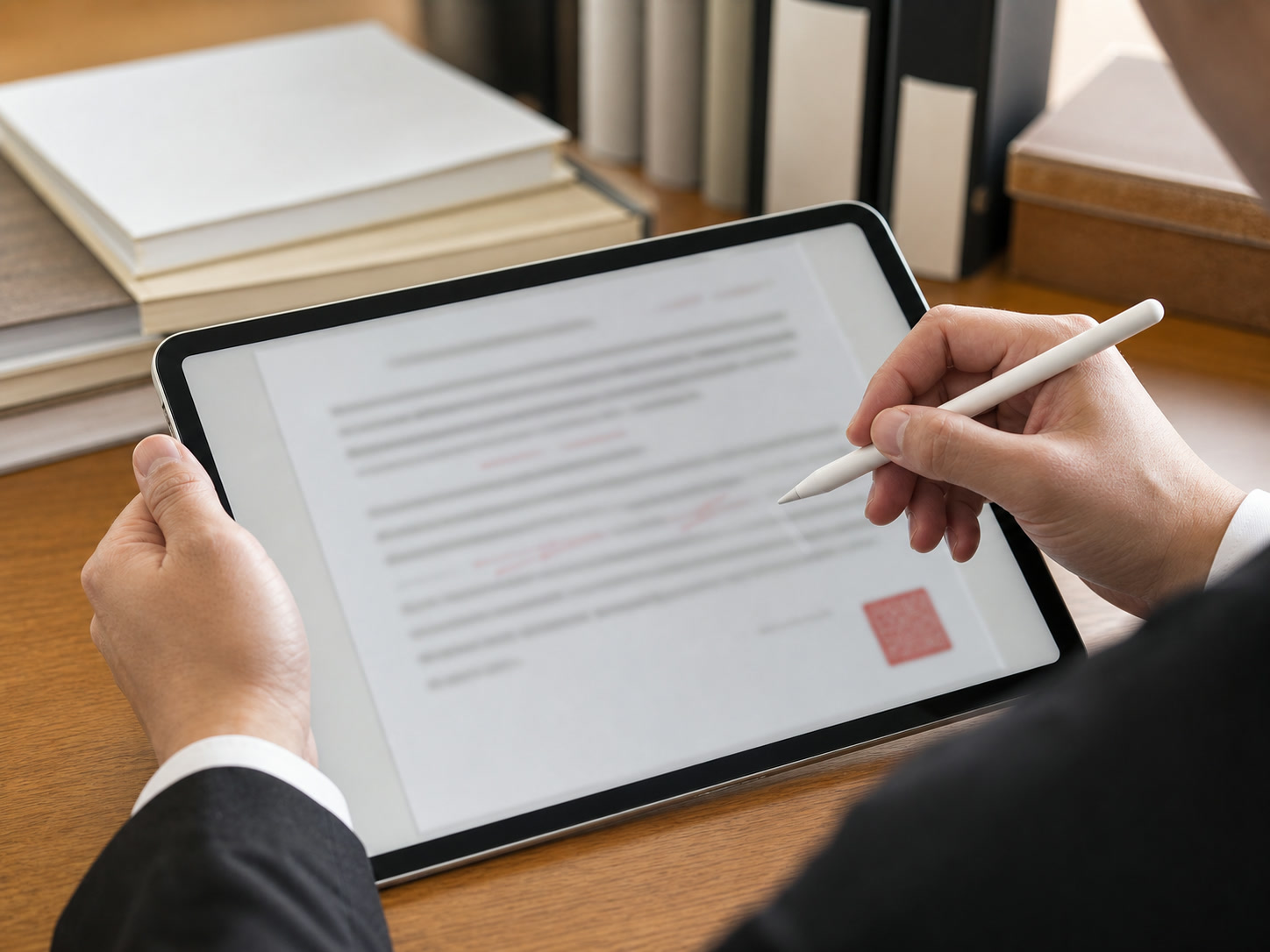 タブレットとスタイラスで契約書や申請書を編集する手元